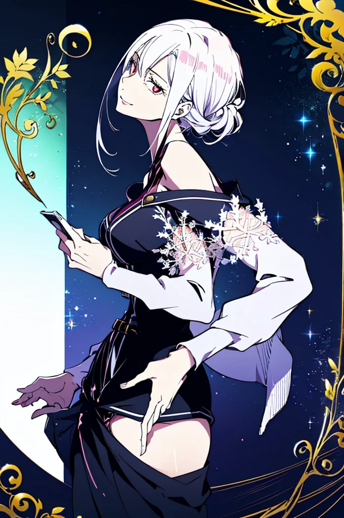 (masutepiece, Absurd quality, Best Quality, Official art, Beautiful and aesthetic:1.2), (1 little girl:1.4), ighly detailed, (Fractal Art:1.3), Colorful, highest details, Vivid Color, front view, holy knight, albino, baby-face,  Dark light, Fluffy white ruffled dress, White lace up short boots, white long hair, Beautiful detailed red eyes, glare at viewer,Full body,((whole body)),((white hair)),evil smile,