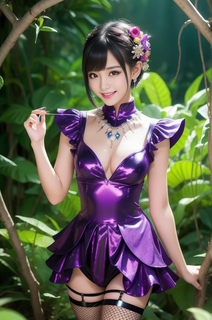 sexy Thai model who controls poison、beautiful smile、lipgloss、dramatic makeup、look at the camera、full body Esbian、、sparkling poisoned enchanted flower costume、、、、shiny sparkling colorful short hair、secrete poison、skull hair accessories、fishnet tights、shiny sparkling dark magic forest background