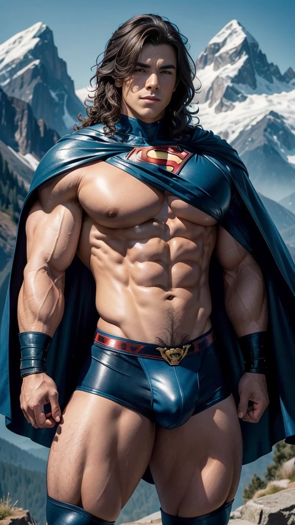 (muscular cute beautiful young boy), huge strong biceps volume, huge firm breasts volume, enormous tits volume, muscular strong legs, exposed abs skin, mountains background, tight superhero leather blue underwear and cape, wavy hair, huge cock bulge