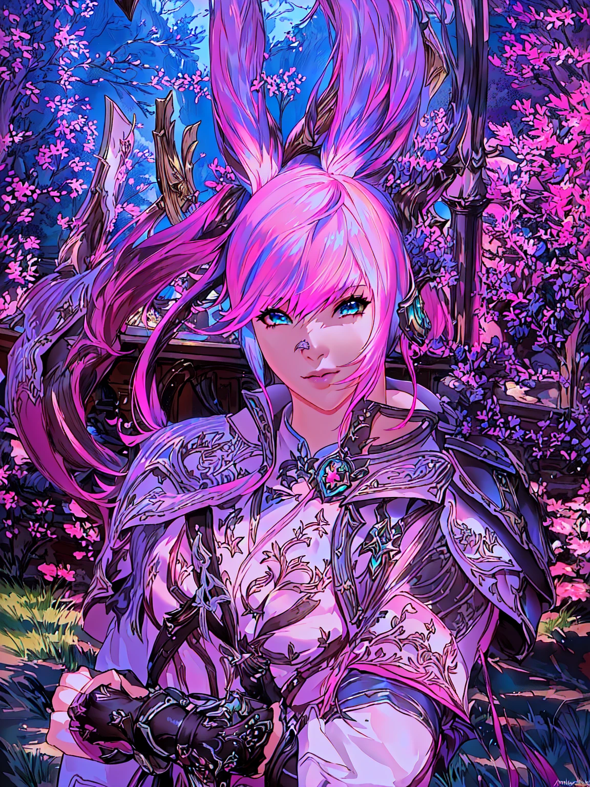Closeup of a costumed person with pink hair, final fantasy style 14, Final Fantasy 1 4, Final Fantasy 1 4 screenshot, ffxiv cielo, Final Fantasy XIV, ffxiv, final fantasy 14 sharp, thinning pink hair, Pink hair and cyan eyes., character close up, character closeup, female character