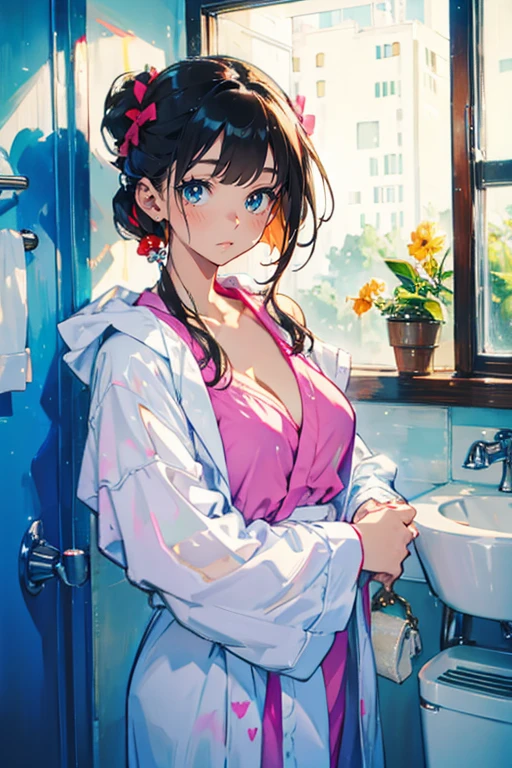 1girl,cute,cleavage,wear bathrobe,in bathroom,take a bath,