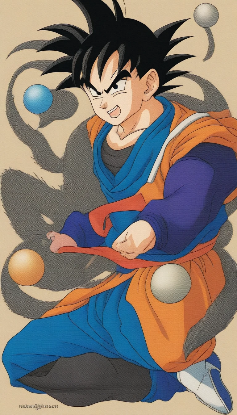 Dragon Ball's Son Goku in a fierce battle scene、Shooting a Kamehameha。The background is a rugged mountain landscape。The art style is anime-like、The effect is glossy、Dynamically。