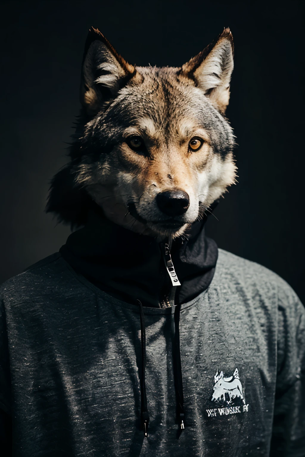 Create a clothing brand logo of a wolf's face with a crown and a lightning bolt silhouette behind