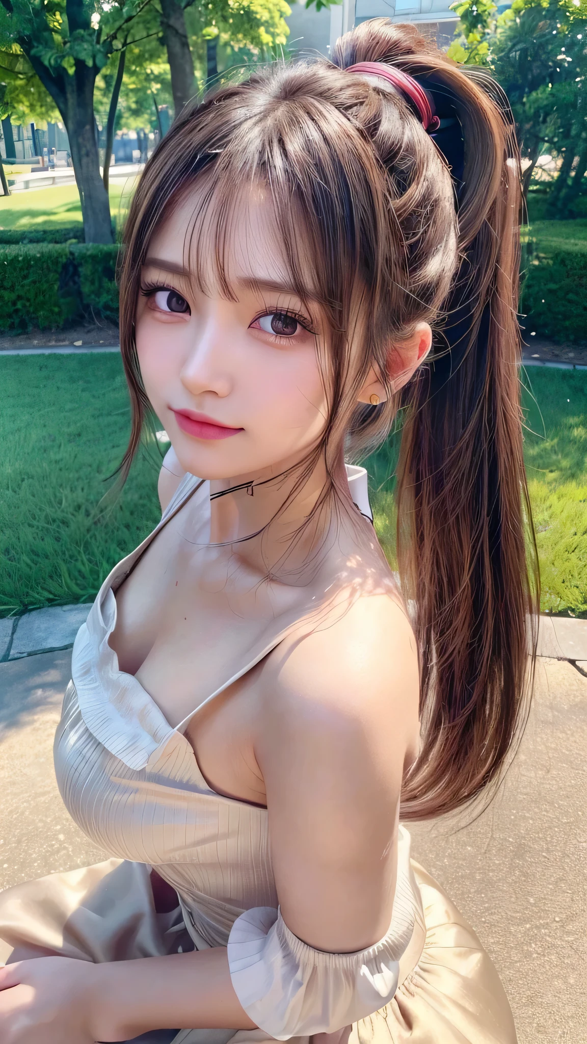 One piece with collar,outdoors,Urban Park,On the lawn,Ultra-detailed, finely detail, hight resolution, 8K Wallpaper, Perfect dynamic composition, Beautiful detailed eyes,Outdoor,Close-up of face,Outdoor,Blushing,Facing forward,,Long hair ponytail,((8k, Raw photo, Best Quality, Mastepiece:1.2), (Realism, Photorealistic:1.4), (Highly detailed 8K wallpapers), Depth of written boundary, Cinematic Lighting, Soft Light, Detailed Beauty Eye,Shiny and smooth light brown ponytail, Asymmetrical bangs, Shiny skin, Ultra-detailed skins ,It is high resolution., High detail, Detailed hairstyle, Detailed facial beauty, Hyper-realistic, Perfect limbs, Perfect Anatomy ,1 Japanese girl,Famous Japanese Idols, Perfect female body,A shy smile,Short eyelashes,Double-edged eyelids,Look straight here,Hair style: ponytail,