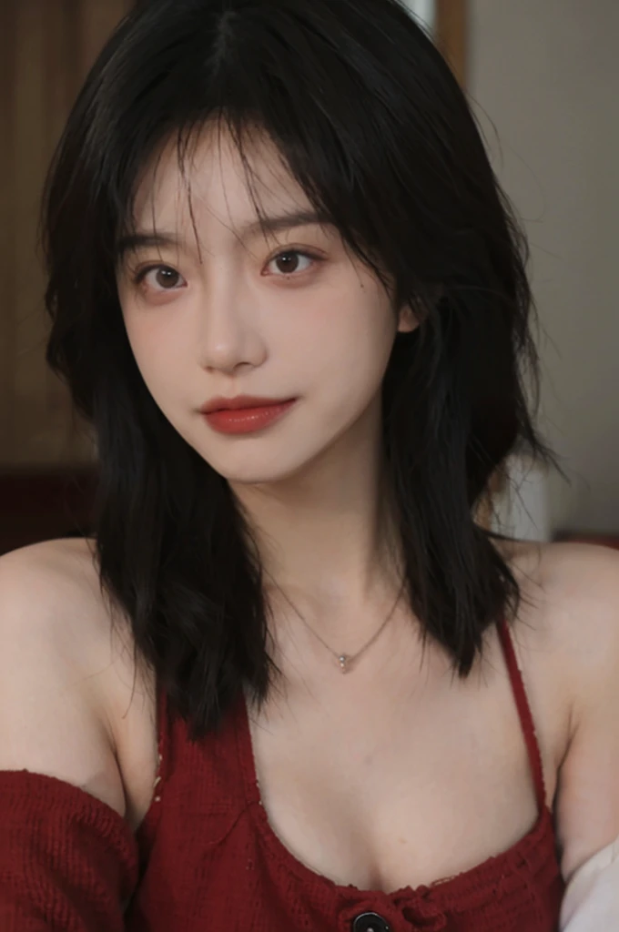 best qualtiy,tmasterpiece,超高分辨率,(realisticlying:1.4),2girls,Red sweater dress,Red sweater dress,self-shot,Large wavy curls,Goose egg face,Enchanted smile,二重まぶた,A pair of peach blossom eyes,,Pure,choker necklace,adolable,Translucent skin,head straight-looking at viewer,浴室,taking a shower,Full of atmosphere,hair pin:1.4,(The upper part of the body:1.4),