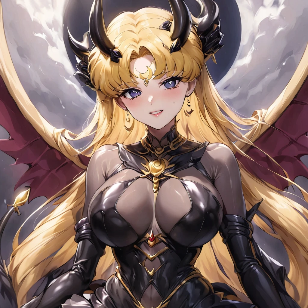((Highest quality)), ((masterpiece)), (detailed), (Perfect Face)、Devil family photo、male1people女3people、Husband, wife and daughter2people、The woman clung to her husband, the powerful demon king.2peopleの娘は悪魔の姿の母親似の黒いボディスーツのデビルプリンセスで女と魔王の傍に居る、The woman is naked and is the bride of the Demon King, the Dark Queen of the Black Moon Clan, the Demon Queen, Devil Queen Serenity, and is wearing a shiny black full-body bodysuit decorated with gold, a sexy female demon with jet-black skin, Devil Queen Serenity.、The woman is a jet-black female demon with magnificent devil horns, jet-black devil wings, and a jet-black tail. Her skin is jet-black, and she has a black inverted crescent moon mark on her forehead. She is the jet-black demon Devil Queen Serenity, and has blonde hair.2The expression of a girl in love with her long hair tied up、Woman is Devil Queen Serenity