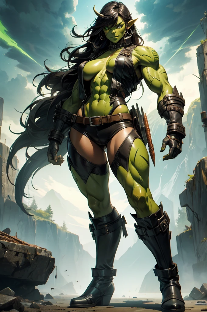 Female Orc Barbarian, toned muscles is defined, full Body Art, Topaz Eyes, Black Hair, Green Skin, full body leather clothes, leather boots, leather arm protection.