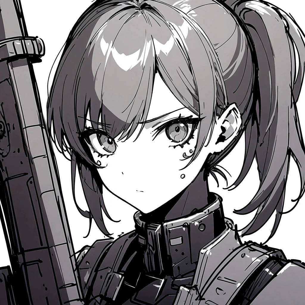 masterpiece, superlative, female , solo, bust closeup, short ponytail, high-tech outfit, city line drawing background, white background, monochrome, line drawing, ((sketch))