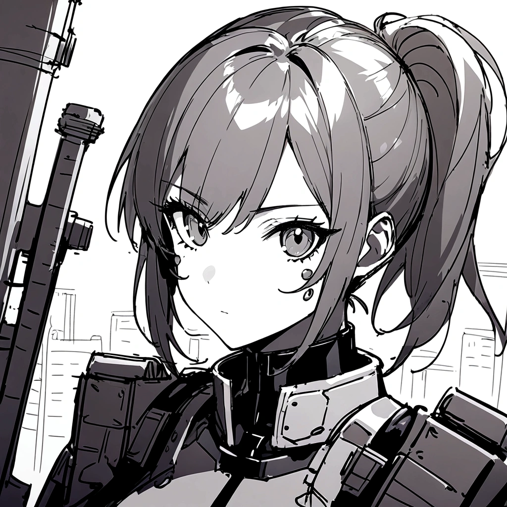 masterpiece, superlative, female , solo, bust closeup, short ponytail, high-tech outfit, city line drawing background, white background, monochrome, line drawing, ((sketch))