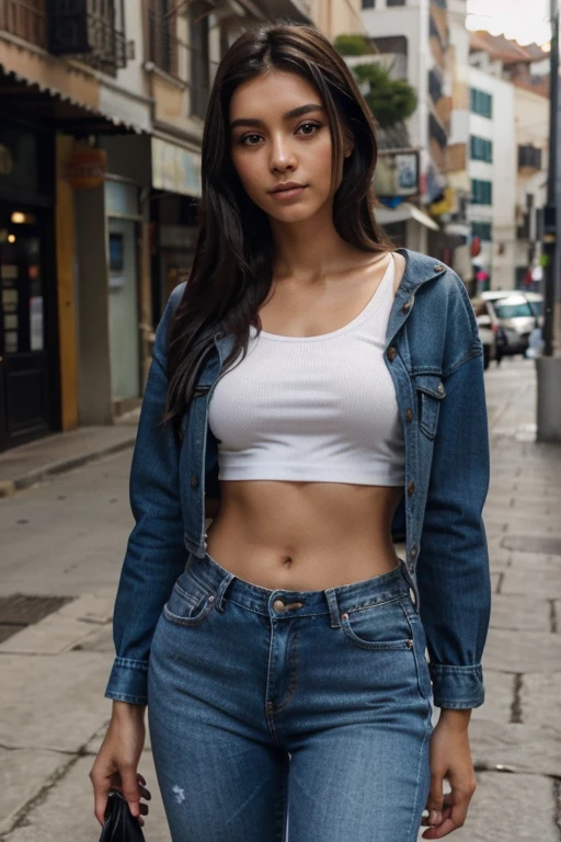 Traduzir textos com a câmera
brunette woman, very thin, of indigenous descent, straight black hair, 22 years old, wearing jeans and a topper