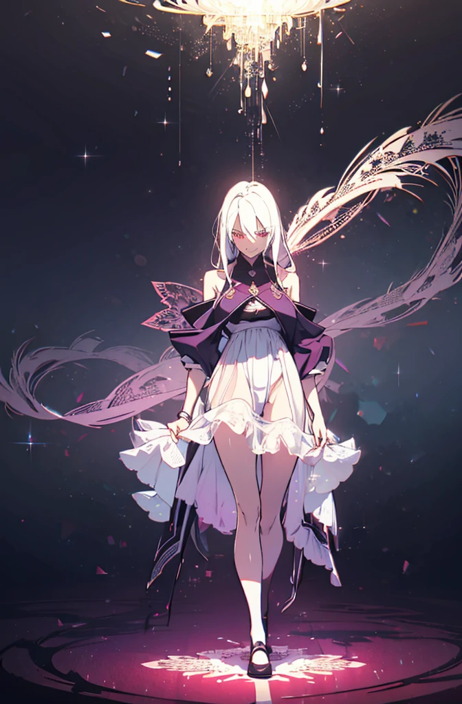(masutepiece, Absurd quality, Best Quality, Official art, Beautiful and aesthetic:1.2), (1 :1.4), ighly detailed, (Fractal Art:1.3), Colorful, highest details, Vivid Color, front view, holy knight, albino, baby-face, k ligFluffy white ruffled dress, White lace up short boots, white long hair, Beautiful detailed red eyes, glare at viewer,Full body,((whole body)),((white hair)),evil smile,
