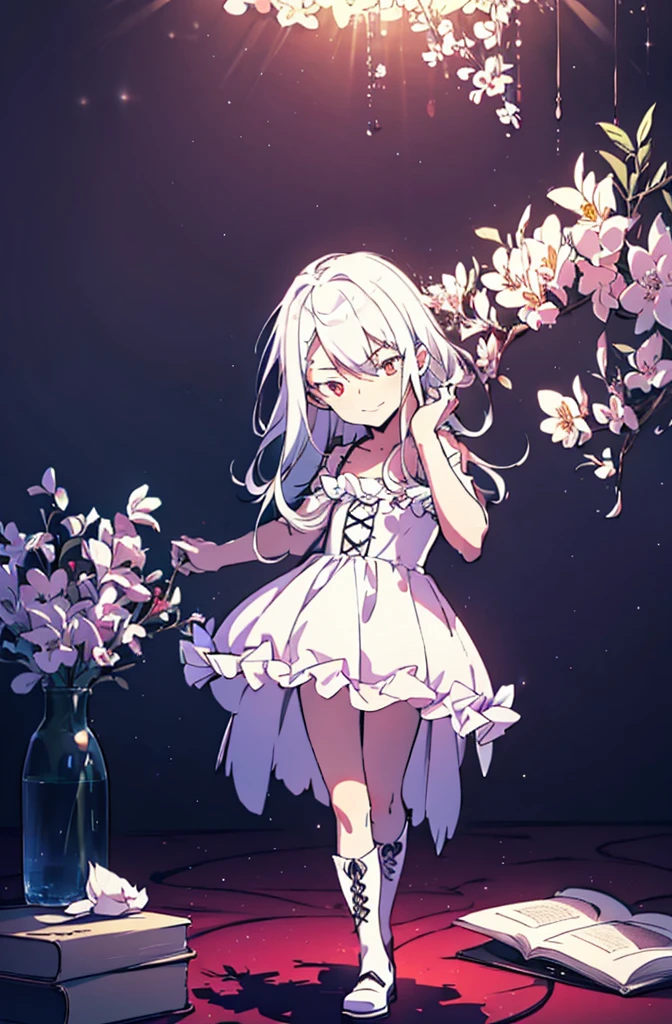 (masutepiece, Absurd quality, Best Quality, Official art, Beautiful and aesthetic:1.2), (1 :1.4), ighly detailed, (Fractal Art:1.3), Colorful, highest details, Vivid Color, front view, holy knight, albino, baby-face, k ligFluffy white ruffled dress, White lace up short boots, white long hair, Beautiful detailed red eyes, glare at viewer,Full body,((whole body)),((white hair)),evil smile,