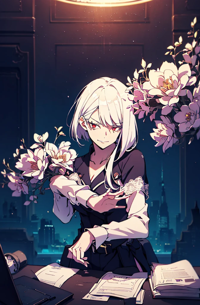 (masutepiece, Absurd quality, Best Quality, Official art, Beautiful and aesthetic:1.2), (1 :1.4), ighly detailed, (Fractal Art:1.3), Colorful, highest details, Vivid Color, front view, holy knight, albino, baby-face, Dark light, Fluffy white ruffled dress, White lace up short boots, white long hair, Beautiful detailed red eyes, glare at viewer,Full body,((whole body)),((white hair)),evil smile,