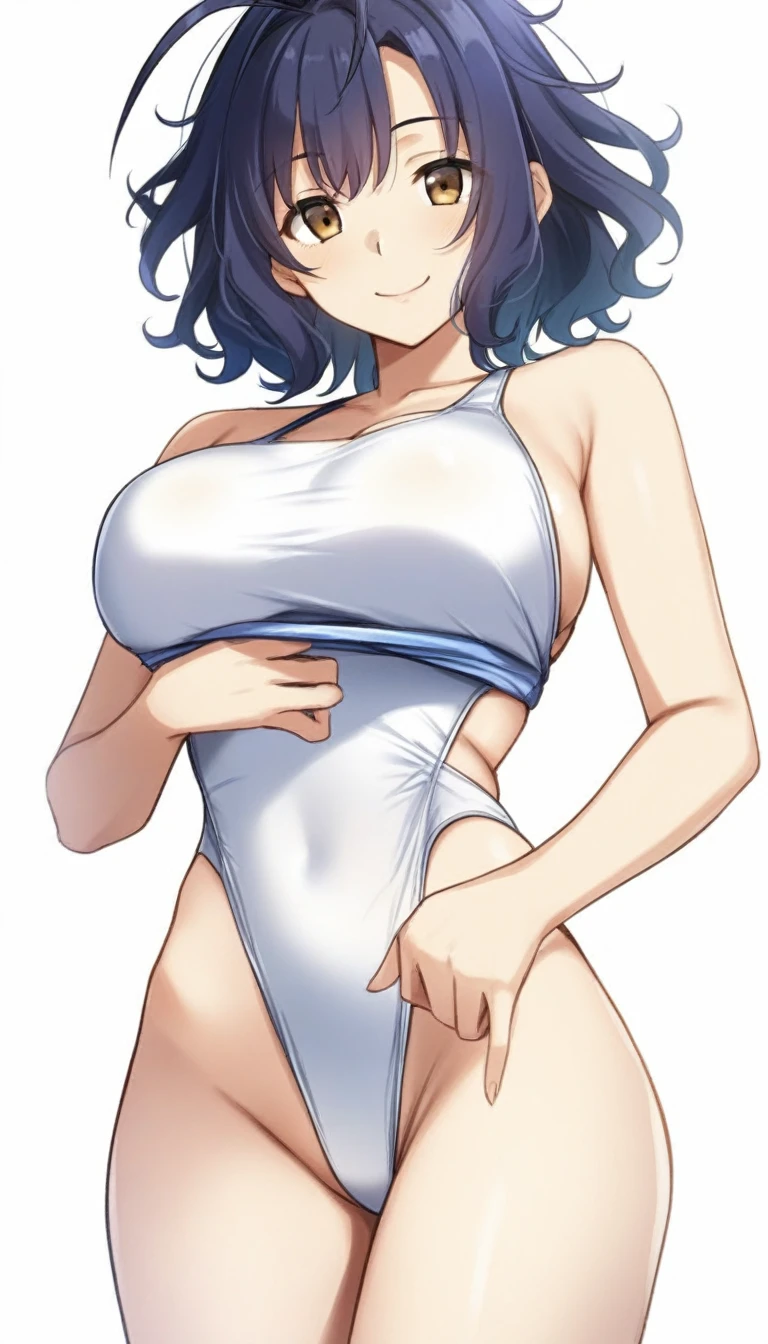 masterpiece, best quality, artist:yoo tenchi, 1girl, solo, toyokawa fuka, short hair, messy hair, wavy hair, dark blue hair, antenna hair, brown eyes, one-piece swimsuit, swimsuit pull, large breasts, highleg, smile, looking at viewer, no background, white background