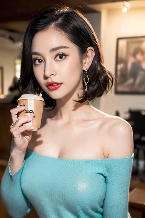 (perky chest:1.2), (pointed chest:1.2),(((Black Tunic:1.3))),(((cakes and bread in the basket),Cute and beautiful girl,Cute round face,Cute smile,with blush cheeks,Red Lip,solo, looking at viewer, open mouth, have a cute grass of cute beergrass,black hair, dark green eyes, dress, bare shoulders, jewelry, collarbone, sidelocks, hairband, earrings, indoors, off shoulder, sweater, arms behind back, plant, short hair with long locks, gild hairband, off-shoulder dress, sweater dress, off-shoulder sweater, black sweater, dark gord hair, big side hair, very long side hair,is rendered in (masterpiece: 1.2, best quality), with (ultra high resolution) and an exquisite (depth of field),(Bangs are see-through bangs),hair pin,hair adornments,detailed clothes features,Detailed hair features,detailed facial features,(Dynamic angles),(Dynamic and sexy poses),Cinematic Light,(masutepiece,top-quality,Ultra-high resolution) ,(The 8k quality,Anatomically accurate facial structure,),(Sea Art 2 Mode:1.3),(Image Mode Ultra HD) ,(Hold a coffee in your hand:1.3),delicate beautiful face, Bright blue eyes, cute eyes, sparkling eyes, Big eyes, (perky chest:1.1), (pointed chest:1.3), looking at viewer,