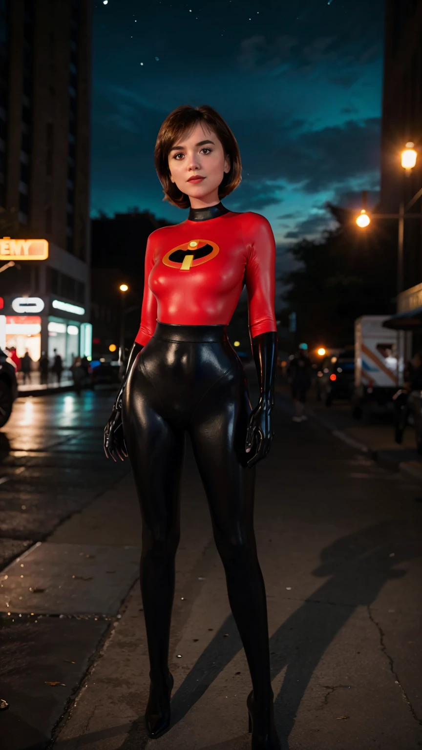 Masterpiece, (photorealistic1.4),Best quality, (solo), (1girl on night street)), (epiCRealLife), (lora:epiCFlashPhoto), (photorealistic1.4), (night scene), (night sky), (Helen Parr latex costume), (dktj), (dakojohnold),  black elbow gloves), (black thighhigh), (Helen Parr bodysuit), (helen parr thighhigh) (helen parr short hair), (Helen Parr hairstyle), (outside patio), (1girl), (look at viewer), (demure), (close up), (spot light), (flashphoto, flash photography), (night time), (at night), (f/2.8), (cowboy shots), (upper body shot), (from front), (new york night street), (neon signs), (from front), (pose for pictures), 