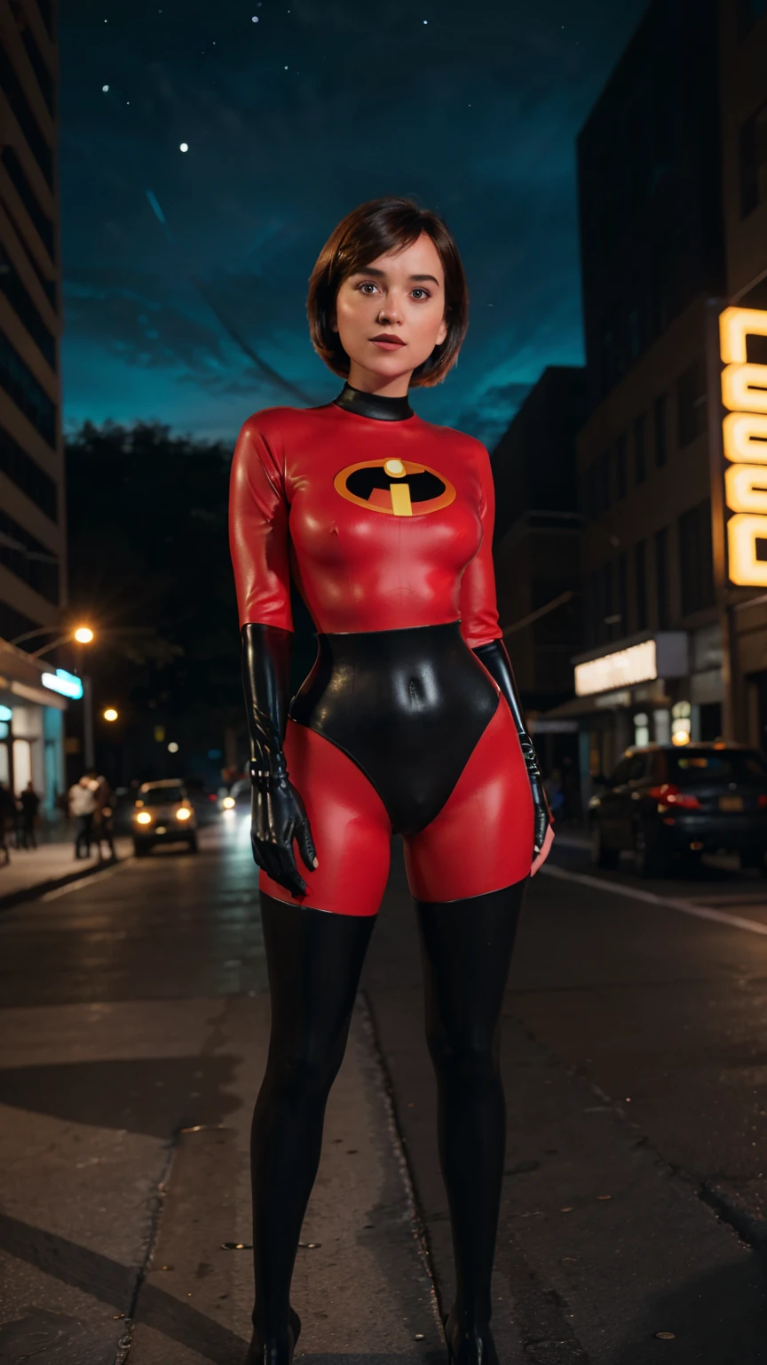 Masterpiece, (photorealistic1.4),Best quality, (solo), (1girl on night street)), (epiCRealLife), (lora:epiCFlashPhoto), (photorealistic1.4), (night scene), (night sky), (Helen Parr latex costume), (dktj), (dakojohnold),  black elbow gloves), (black thighhigh), (Helen Parr bodysuit), (helen parr thighhigh) (helen parr short hair), (Helen Parr hairstyle), (outside patio), (1girl), (look at viewer), (demure), (close up), (spot light), (flashphoto, flash photography), (night time), (at night), (f/2.8), (cowboy shots), (upper body shot), (from front), (new york night street), (neon signs), (from front), (pose for pictures), 