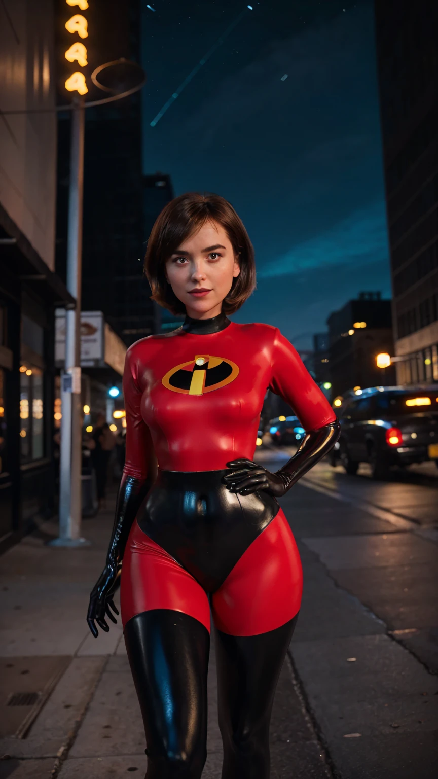 Masterpiece, (photorealistic1.4),Best quality, (solo), (1girl on night street)), (epiCRealLife), (lora:epiCFlashPhoto), (photorealistic1.4), (night scene), (night sky), (Helen Parr latex costume), (dktj), (dakojohnold),  black elbow gloves), (black thighhigh), (Helen Parr bodysuit), (helen parr thighhigh) (helen parr short hair), (Helen Parr hairstyle), (outside patio), (1girl), (look at viewer), (demure), (close up), (spot light), (flashphoto, flash photography), (night time), (at night), (f/2.8), (cowboy shots), (upper body shot), (from front), (new york night street), (neon signs), (from front), (pose for pictures), 