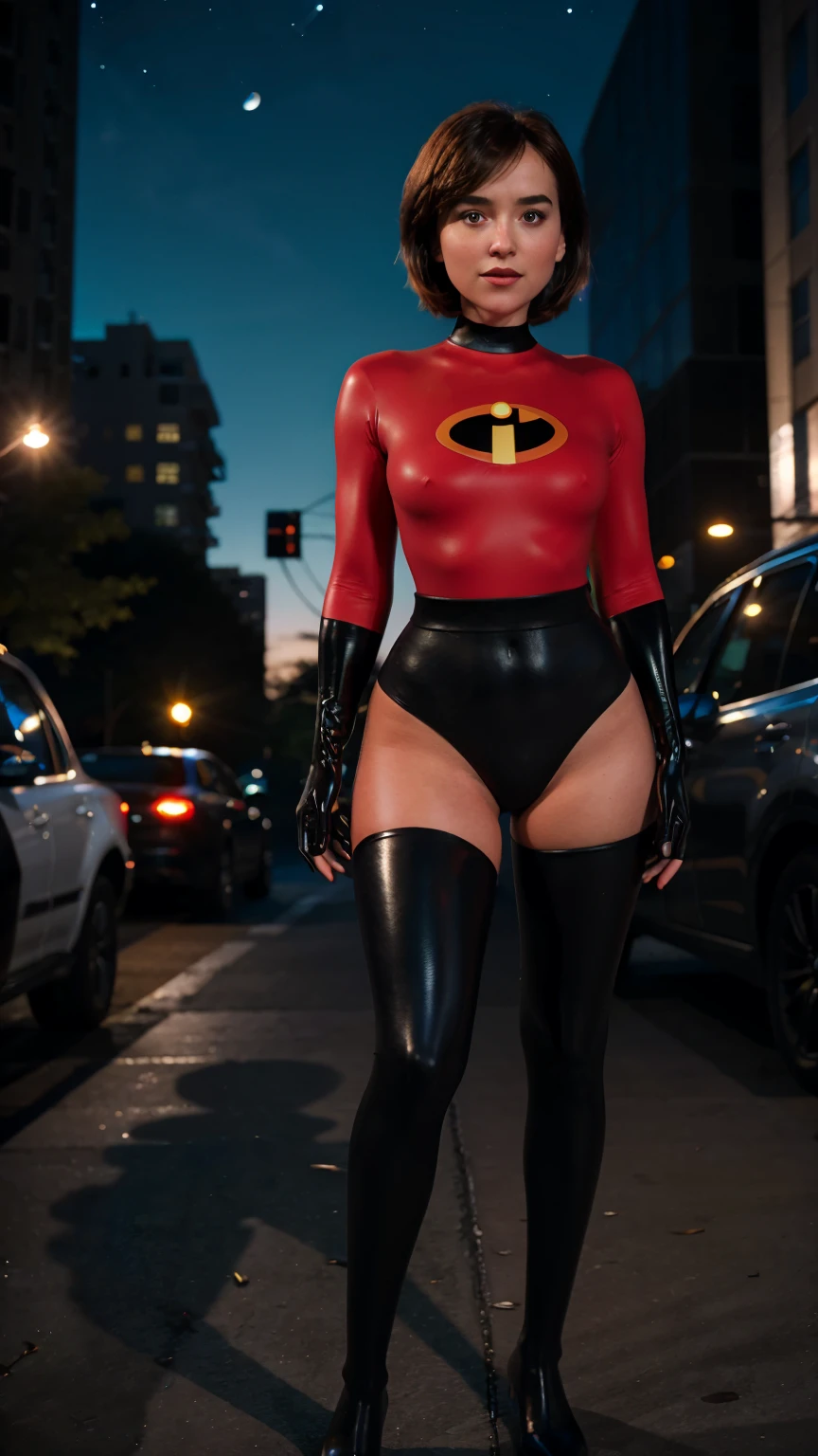 Masterpiece, (photorealistic1.4),Best quality, (solo), (1girl on night street)), (epiCRealLife), (lora:epiCFlashPhoto), (photorealistic1.4), (night scene), (night sky), (Helen Parr latex costume), (dktj), (dakojohnold), black elbow gloves), (black thighhigh), (Helen Parr bodysuit), (helen parr thighhigh) (helen parr short hair), (Helen Parr hairstyle), (outside patio), (1girl), (look at viewer), (demure), (close up), (spot light), (flashphoto, flash photography), (night time), (at night), (f/2.8), (cowboy shots), (upper body shot), (from front), (new york night street), (neon signs), (from front), (pose for pictures),