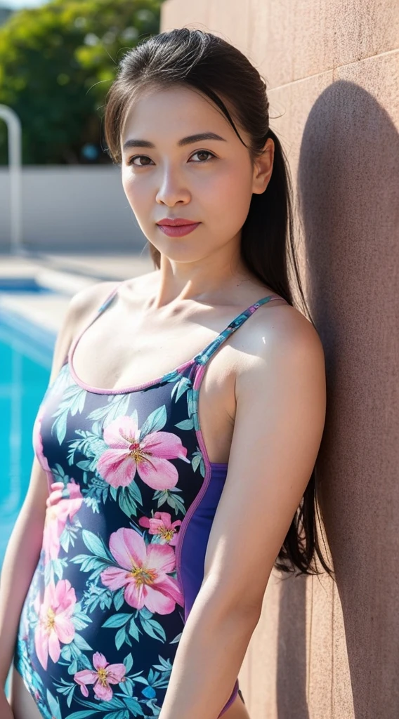 ((top-quality、8K、masterpiece:1.3))、Photorealsitic, foco nítido, high-level image quality, hight resolution, Portrait, Solo, japanes, Middle-aged woman, Beautie, full body Esbian、47 years old, Long hair hairstyle, Wrinkles at the corners of the eyes, in poolside、Beautiful blue sky、Sexy figure,((Competitive swimsuit with pink color and slightly floral pattern、Competitive swimsuit))、