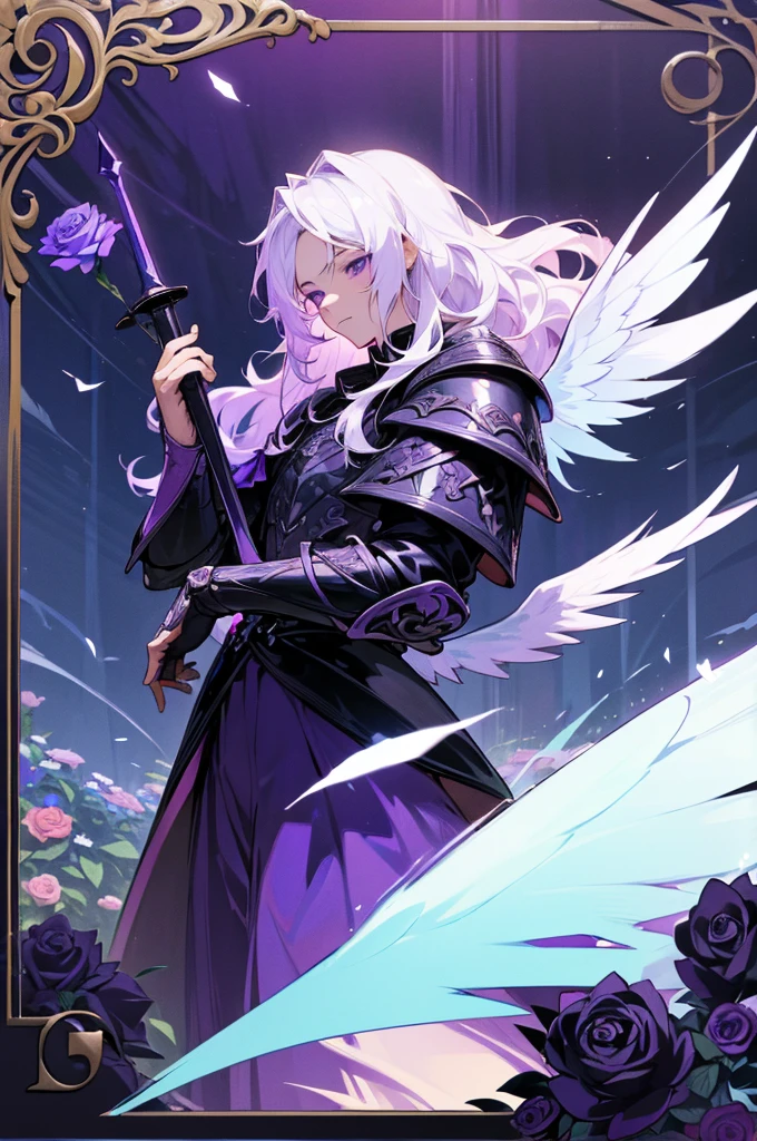 (high quality, highres:1.2) detailed, 1 boy, long white hair, wavy hair, purple eyes, holding a sword, black armor, garden, purple roses, wings, angel
