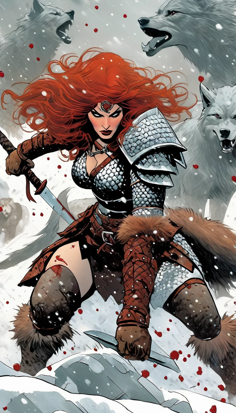Red sonja warrior woman fighting a 1giant wolf in the snow, snowing, blood stains on the snow, woman with long wavy red hair in sexy chain mail armor, with sword, (art inspired by Bill Sienkiewicz).