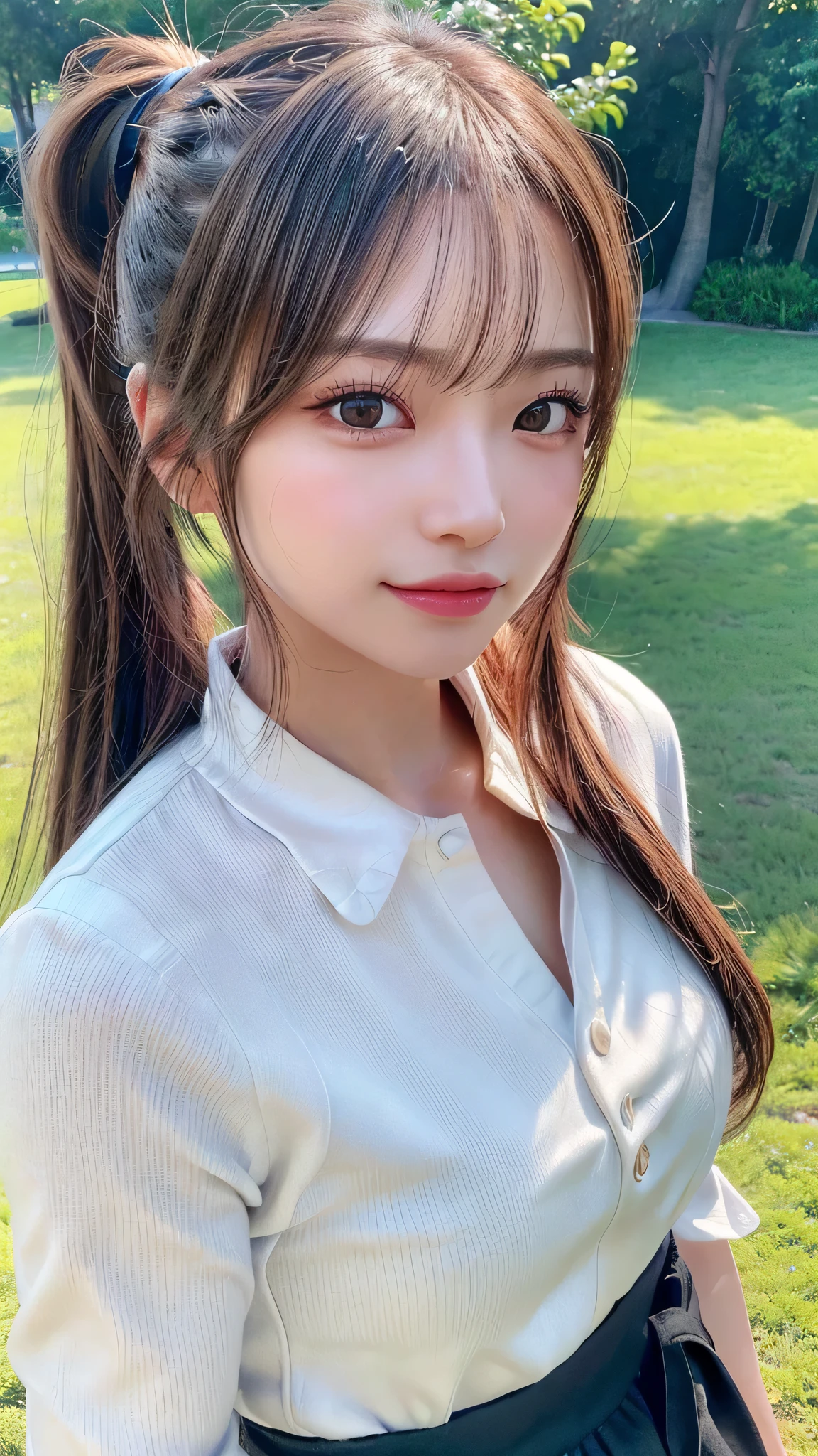 One piece with collar,outdoors,Urban Park,On the lawn,Ultra-detailed, finely detail, hight resolution, 8K Wallpaper, Perfect dynamic composition, Beautiful detailed eyes,Outdoor,Close-up of face,Outdoor,Blushing,Facing forward,,Long hair ponytail,((8k, Raw photo, Best Quality, Mastepiece:1.2), (Realism, Photorealistic:1.4), (Highly detailed 8K wallpapers), Depth of written boundary, Cinematic Lighting, Soft Light, Detailed Beauty Eye,Shiny and smooth light brown ponytail, Asymmetrical bangs, Shiny skin, Ultra-detailed skins ,It is high resolution., High detail, Detailed hairstyle, Detailed facial beauty, Hyper-realistic, Perfect limbs, Perfect Anatomy ,1 Japanese girl,Famous Japanese Idols, Perfect female body,A shy smile,Short eyelashes,Double-edged eyelids,Look straight here,Hair style: ponytail,