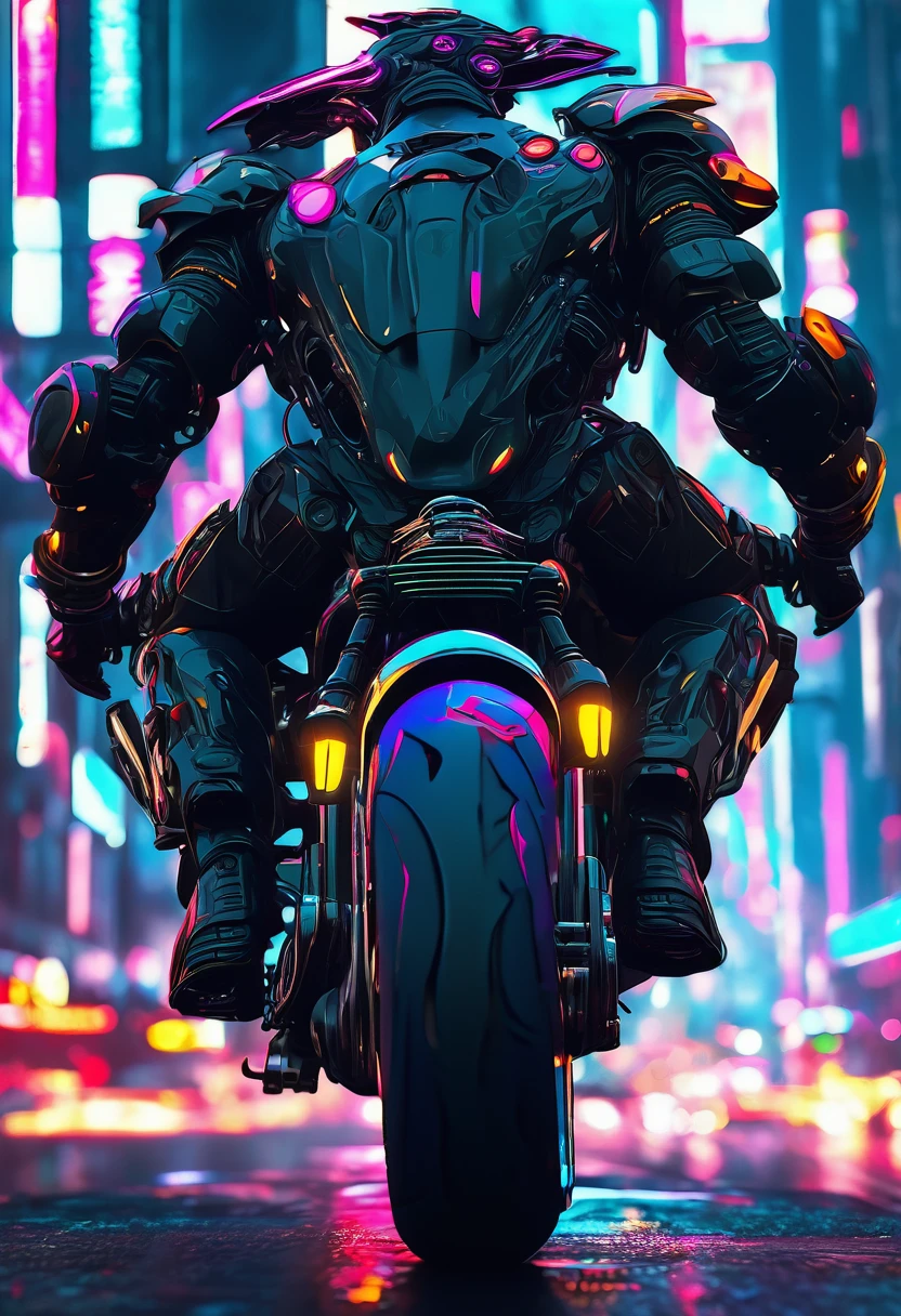 detailed cyberpunk motorcycle, futuristic motorcycle, riding on the road, motorcycle from behind view, 1 person riding motorcycle, intricate details, High resolution, 8k, Photorealistic, hyper detailed, cinematic lighting, dynamic motion blur, gritty urban environment, neon lights, glowing cybernetic elements, chrome accents, weathered texture, mecha-inspired design, complex machinery, industrial cityscape, moody color palette, (Best Quality,4k,8k,high resolution,Masterpiece:1.2),ultra detailed,sharp focus,(realist,photorealist,photo-realist:1.37), extremely fine,intricate details,intense lighting,dramatic lighting,changing lighting,cinematic lighting,chiaroscuro lighting,dramatic shadows,dramatic moments,vivid colors,intense colours,Deep contrast,cinematic depth of field,cinematographic composition,cinematic camera angle