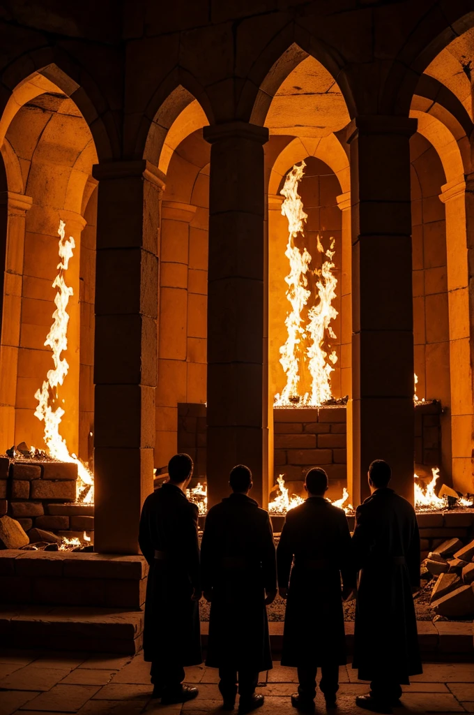 three fiery furnace, but they are not touched by the fire, for they are guarded by a fourth man who has a divine appearance of a son of God.