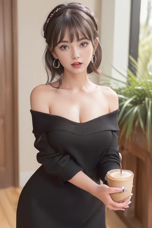 (perky chest:1.2), (pointed chest:1.2),(((Black Tunic:1.3))),(((cakes and bread in the basket),Cute and beautiful girl,Cute round face,Cute smile,with blush cheeks,Red Lip,solo, looking at viewer, open mouth, have a cute grass of cute beergrass,black hair, dark green eyes, dress, bare shoulders, jewelry, collarbone, sidelocks, hairband, earrings, indoors, off shoulder, sweater, arms behind back, plant, short hair with long locks, gild hairband, off-shoulder dress, sweater dress, off-shoulder sweater, black sweater, dark gord hair, big side hair, very long side hair,is rendered in (masterpiece: 1.2, best quality), with (ultra high resolution) and an exquisite (depth of field),(Bangs are see-through bangs),hair pin,hair adornments,detailed clothes features,Detailed hair features,detailed facial features,(Dynamic angles),(Dynamic and sexy poses),Cinematic Light,(masutepiece,top-quality,Ultra-high resolution) ,(The 8k quality,Anatomically accurate facial structure,),(Sea Art 2 Mode:1.3),(Image Mode Ultra HD) ,(Hold a coffee in your hand:1.3),delicate beautiful face, Bright blue eyes, cute eyes, sparkling eyes, Big eyes, (perky chest:1.1), (pointed chest:1.3), looking at viewer,