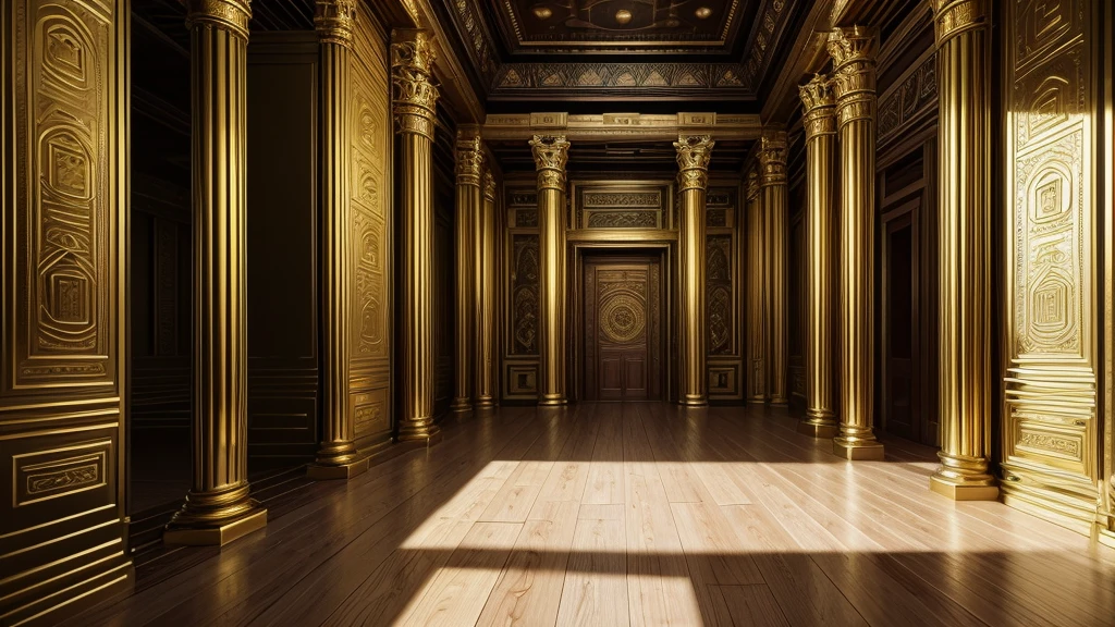 Create the image of an ancient room of some ancient Mesopotamian palace, filled with all kinds of wealth, gold, precious stones, silver, golden swords, shields, gold, a hall of glory and power
I want a high-definition, 8k image with no defects or blurs. 