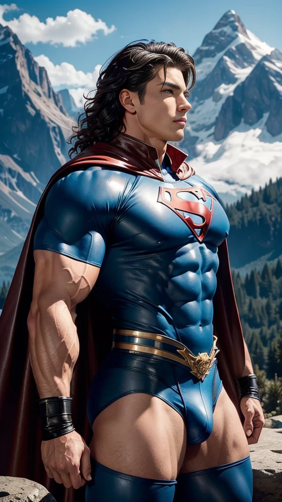 (muscular cute beautiful young boy), huge strong biceps volume, huge firm breasts volume, enormous tits volume, muscular strong legs, exposed abs skin, mountains background, tight superhero leather blue underwear and cape, wavy hair, huge cock bulge, side view