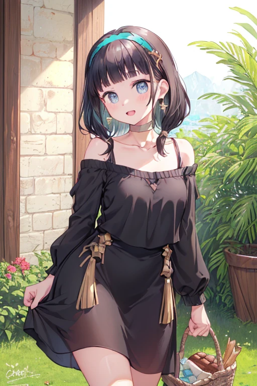 (perky chest:1.2), (pointed chest:1.2),(((Black Tunic:1.3))),(((cakes and bread in the basket),Cute and beautiful girl,Cute round face,Cute smile,with blush cheeks,Red Lip,solo, looking at viewer, open mouth, have a cute grass of cute beergrass,black hair, dark green eyes, dress, bare shoulders, jewelry, collarbone, sidelocks, hairband, earrings, indoors, off shoulder, sweater, arms behind back, plant, short hair with long locks, gild hairband, off-shoulder dress, sweater dress, off-shoulder sweater, black sweater, dark gord hair, big side hair, very long side hair,is rendered in (masterpiece: 1.2, best quality), with (ultra high resolution) and an exquisite (depth of field),(Bangs are see-through bangs),hair pin,hair adornments,detailed clothes features,Detailed hair features,detailed facial features,(Dynamic angles),(Dynamic and sexy poses),Cinematic Light,(masutepiece,top-quality,Ultra-high resolution) ,(The 8k quality,Anatomically accurate facial structure,),(Sea Art 2 Mode:1.3),(Image Mode Ultra HD) ,(Hold a coffee in your hand:1.3),delicate beautiful face, Bright blue eyes, cute eyes, sparkling eyes, Big eyes, (perky chest:1.1), (pointed chest:1.3), looking at viewer,
