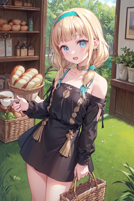 (perky chest:1.2), (pointed chest:1.2),(((Black Tunic:1.3))),(((cakes and bread in the basket),Cute and beautiful girl,Cute round face,Cute smile,with blush cheeks,Red Lip,solo, looking at viewer, open mouth, have a cute grass of cute beergrass,black hair, dark green eyes, dress, bare shoulders, jewelry, collarbone, sidelocks, hairband, earrings, indoors, off shoulder, sweater, arms behind back, plant, short hair with long locks, gild hairband, off-shoulder dress, sweater dress, off-shoulder sweater, black sweater, dark gord hair, big side hair, very long side hair,is rendered in (masterpiece: 1.2, best quality), with (ultra high resolution) and an exquisite (depth of field),(Bangs are see-through bangs),hair pin,hair adornments,detailed clothes features,Detailed hair features,detailed facial features,(Dynamic angles),(Dynamic and sexy poses),Cinematic Light,(masutepiece,top-quality,Ultra-high resolution) ,(The 8k quality,Anatomically accurate facial structure,),(Sea Art 2 Mode:1.3),(Image Mode Ultra HD) ,(Hold a coffee in your hand:1.3),delicate beautiful face, Bright blue eyes, cute eyes, sparkling eyes, Big eyes, (perky chest:1.1), (pointed chest:1.3), looking at viewer,
