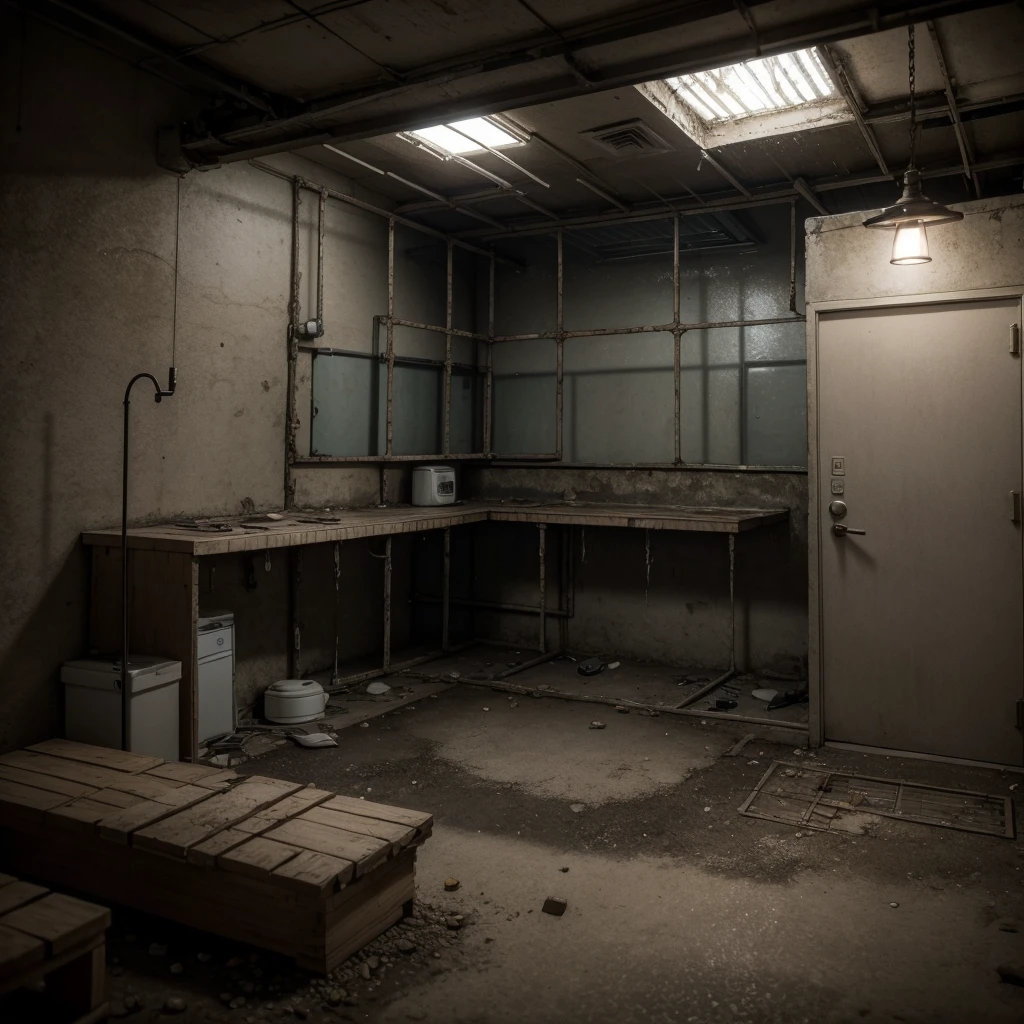 high precision of details, perfect, realistic; imagine a police station with cells of one
prison, dirty place, looking abandoned, except for a lamp illuminating the almost completely dark, dirty, scary, dark place.