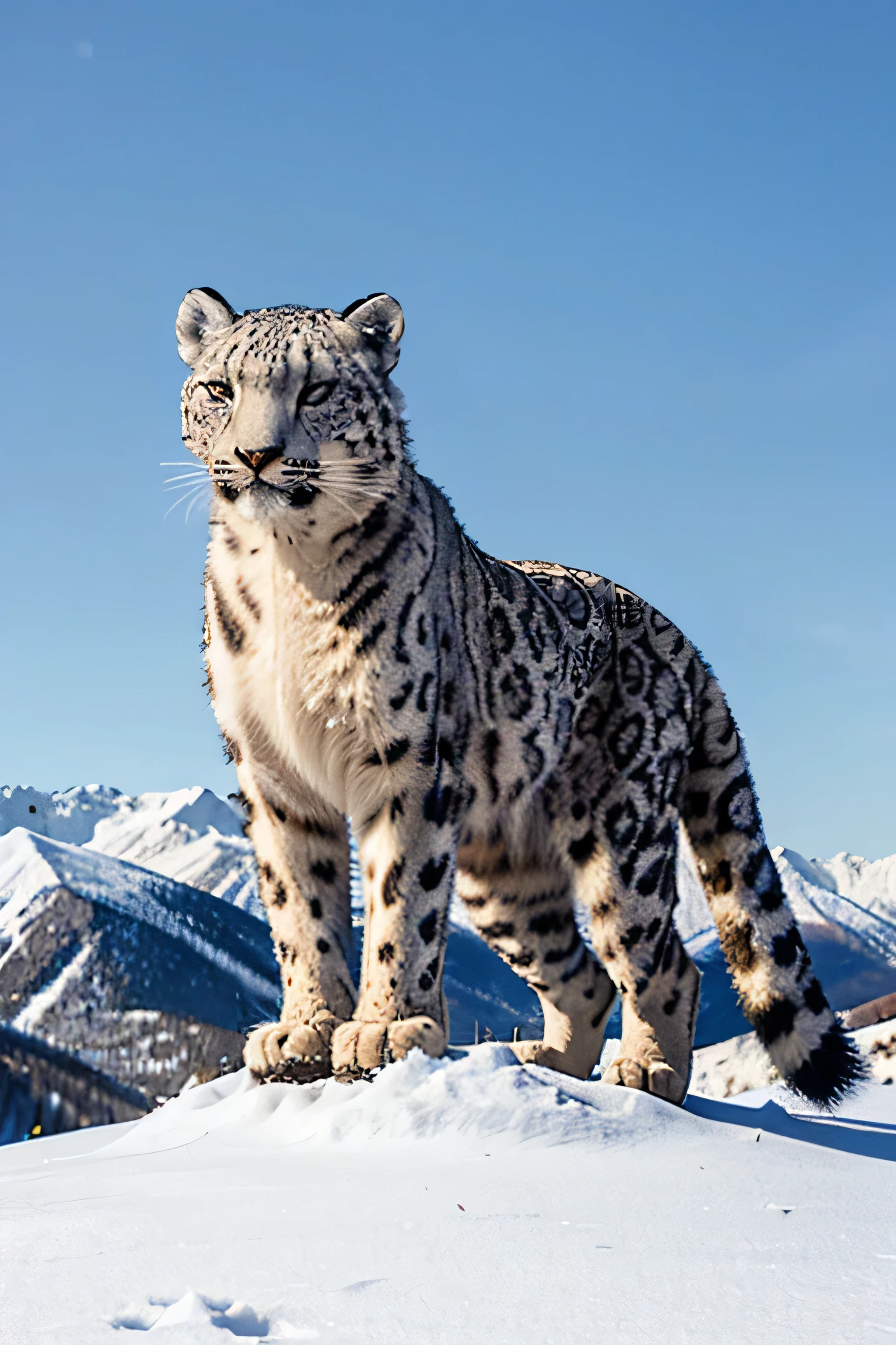 snow leopard with long tail on a snowy mountain