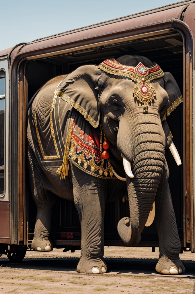 Generate a humorous illustration of a big fat elephant trapped in a train car. The elephant is wearing an ornamental headdress and has an annoyed expression. His body takes up almost all the space in the car., with his butt especially prominent and pressing against the walls of the carriage. At the bottom of the image, include human hands trying to close a door, suggesting they are trying to unclog the elephant. The interior of the wagon should have a classic look, made of wood. Add visual elements that indicate movement and pressure, like vibration lines around the elephant.