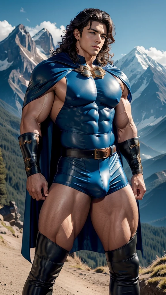 (muscular cute beautiful young boy), huge strong biceps volume, huge firm breasts volume, enormous tits volume, muscular strong legs, exposed abs skin, mountains background, tight leather blue underwear and cape, wavy hair, huge cock bulge