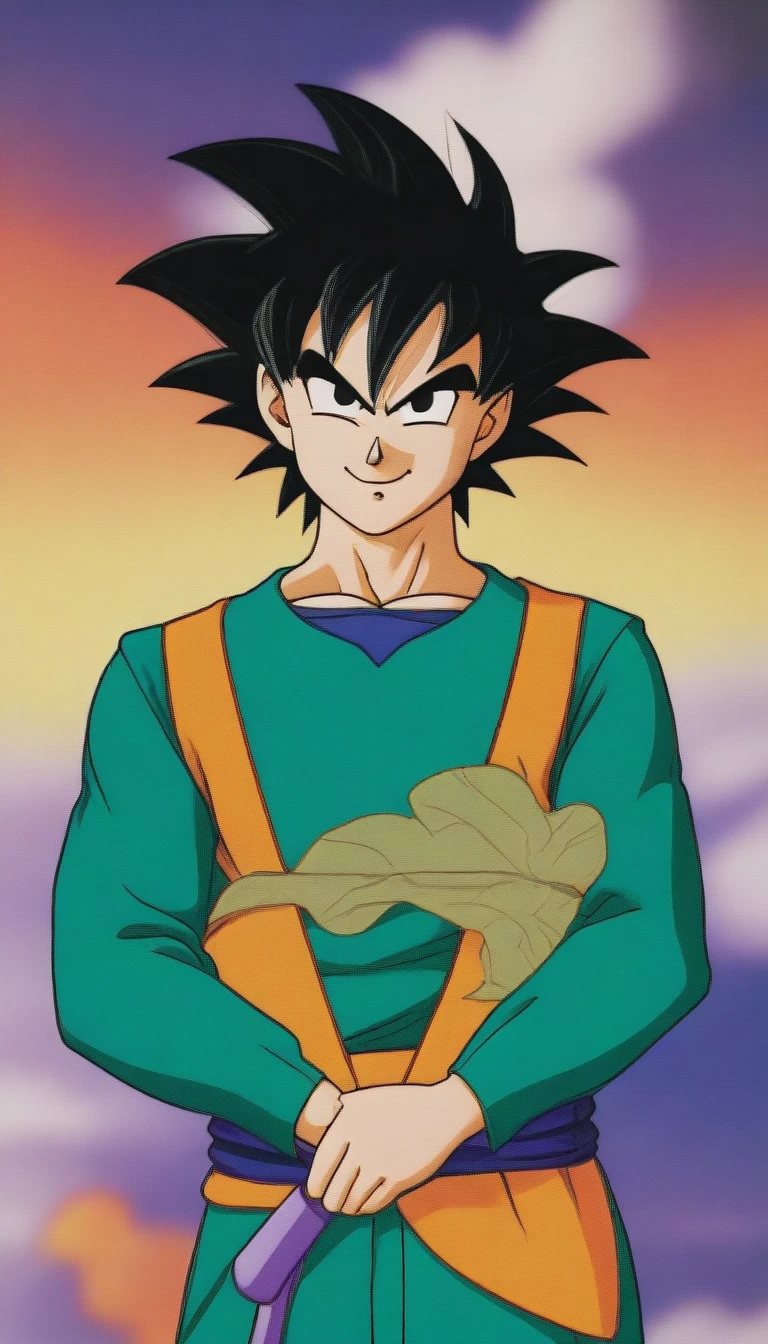 Dragon Ball&#39;s Son Goku in a fierce battle scene、Shooting a Kamehameha。The background is a rugged mountain landscape。The art style is anime-like、The effect is glossy、Dynamically。Erotic、sexly、Big Breasts

