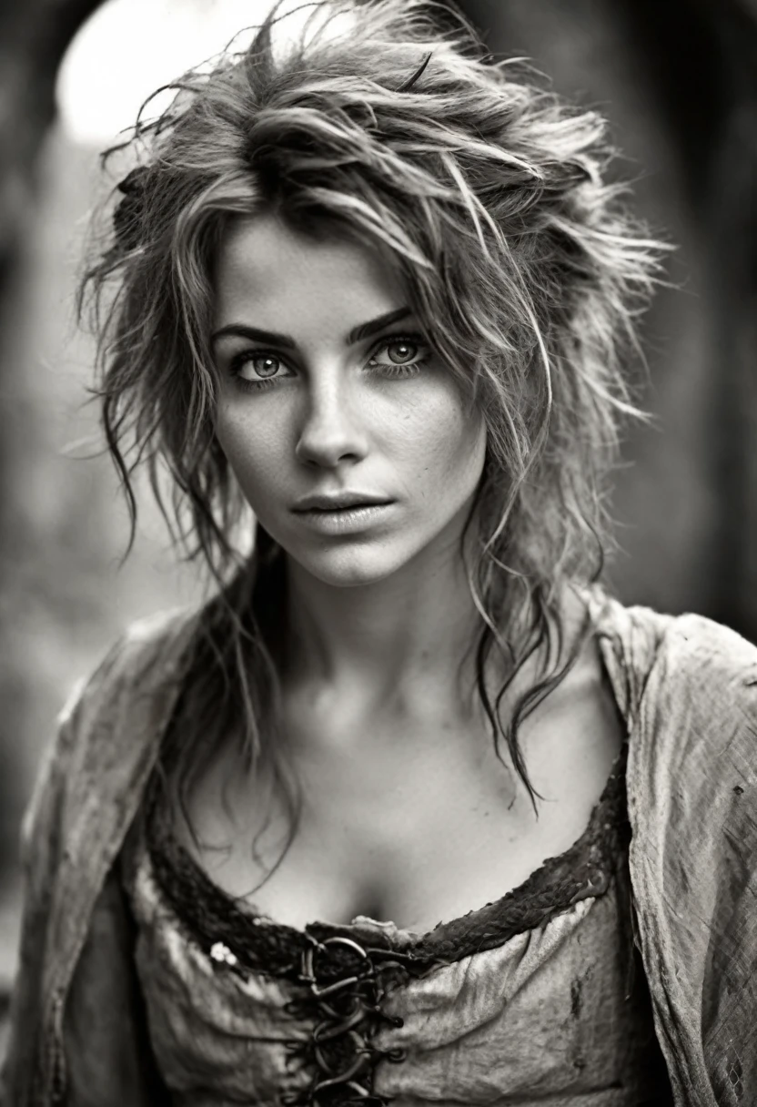 photorealistic, cute woman with messy hair and poor tattered clothes, beautiful sexy, (detailed medieval background), ultra sharp focus, detailed face, (((posing))),  random hair color, short hair, pretty eyes, whole body, High quality analog color photography.,  depth of field, film grain 