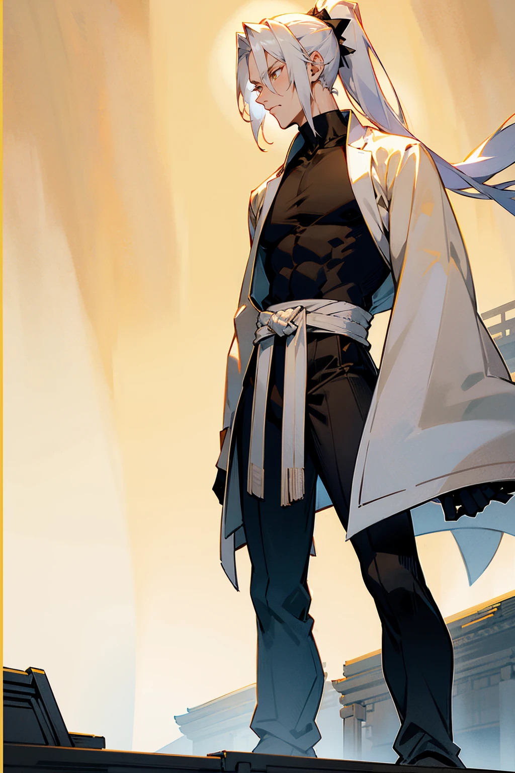 1male , Pale Blonde White Hair , Ponytail , white and gellow haori , Fitted Turtleneck , Combat Clothing , Golden Eyes , Serious Expression , Perfect Generation , Adult Male , Muscular , Temple Background , Standing on Path