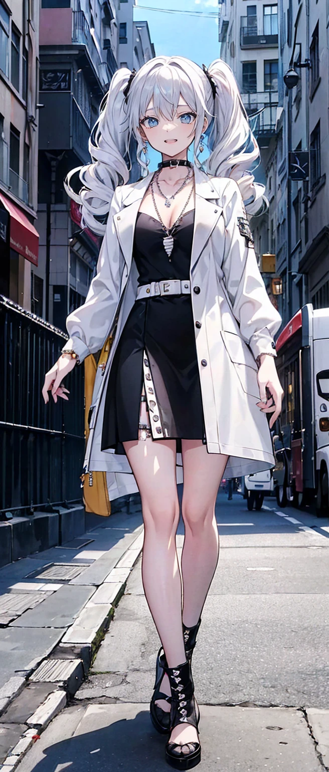 High resolution, high resolution,2D Anime Style,,Cool woman,Gal,tall,20th Generation,White hair long hair,Curly hair twin tails,Light blue eyes,Gal,Beautiful watch,Beautiful earrings,Lots of beautiful necklaces,Punk Fashion,He is smiling,Has fangs,whole body,Walking around the city,