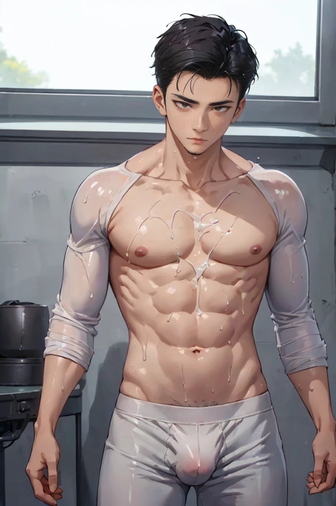 sexy boy, (((cute and wet white shirt)) ), extremely detailed, hyper detailed, (((perfect face)), soft lighting, ((best quality)), cute face, (wet white semen ),(( 1 boy)),((fair skin, black hair, Shiny highlights on eyes, bulging crotch,His Chest are tingling,erotic.)),men, human ,only boy,((boy 16 year old,thin body and cute)), horny boy,innocent boy,slute boy,bedroom, slim body, thin body, boy big ass,Men's underwear.