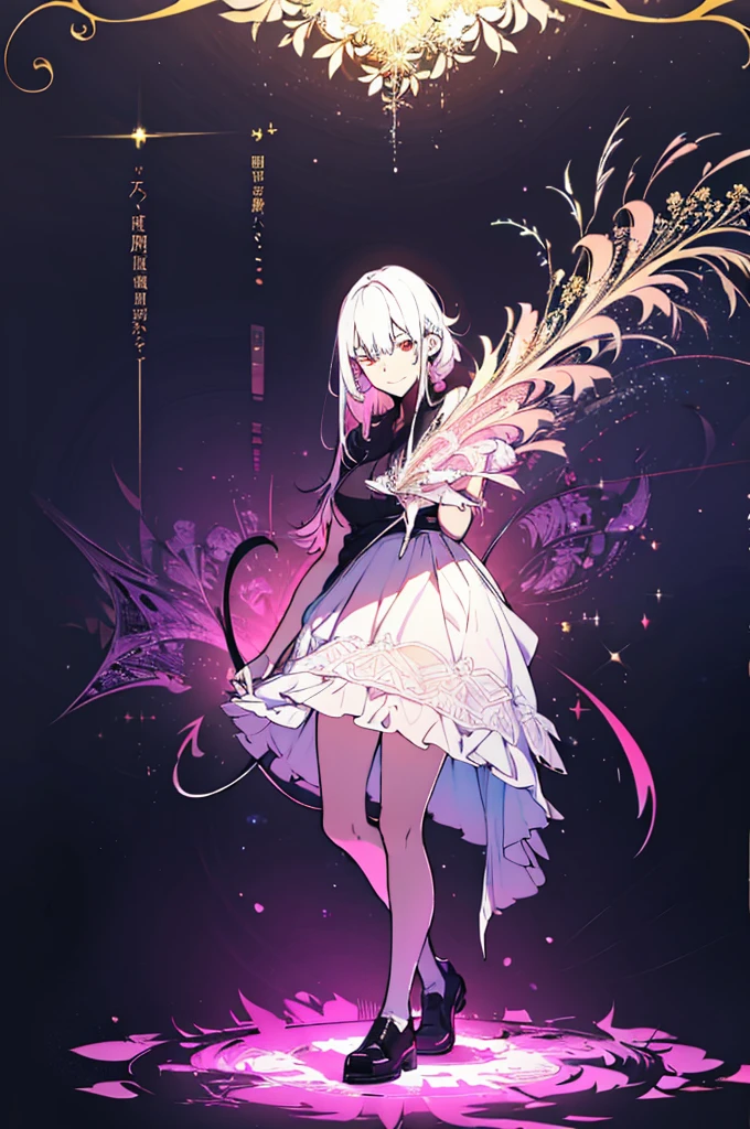 (masutepiece, Absurd quality, Best Quality, Official art, Beautiful and aesthetic:1.2), (1 little girl:1.4), ighly detailed, (Fractal Art:1.3), Colorful, highest details, Vivid Color, front view, holy knight, albino, baby-face,  Dark light, Fluffy white ruffled dress, White lace up short boots, white long hair, Beautiful detailed red eyes, glare at viewer,Full body,((whole body)),((white hair)),evil smile,