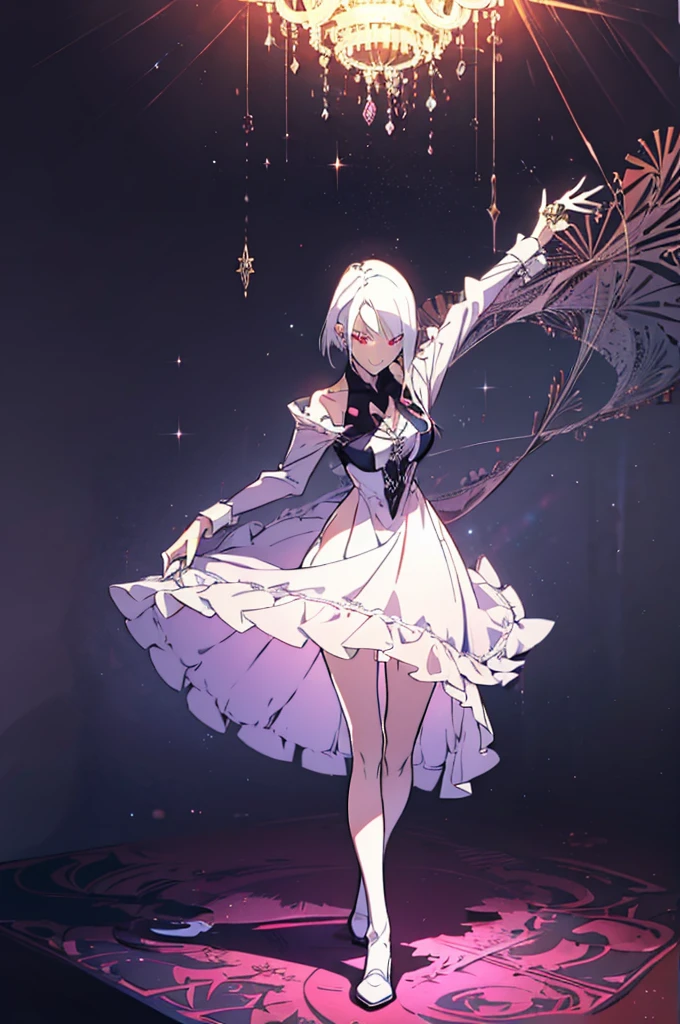 (masutepiece, Absurd quality, Best Quality, Official art, Beautiful and aesthetic:1.2), (1 little girl:1.4), ighly detailed, (Fractal Art:1.3), Colorful, highest details, Vivid Color, front view, holy knight, albino, baby-face, Dark light, Fluffy white ruffled dress, White lace up short boots, white long hair, Beautiful detailed red eyes, glare at viewer,Full body,((whole body)),((white hair)),evil smile,
