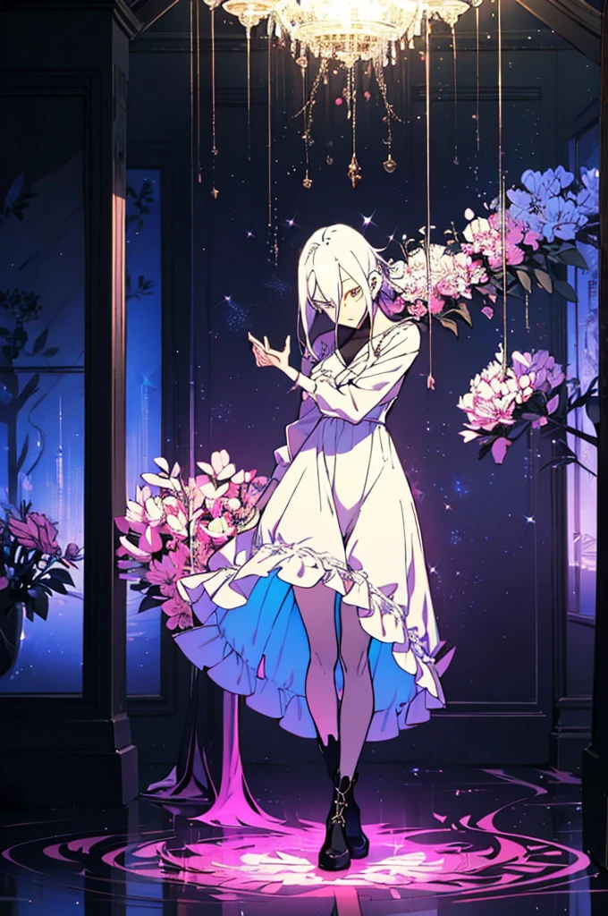 (masutepiece, Absurd quality, Best Quality, Official art, Beautiful and aesthetic:1.2), (1 :1.4), ighly detailed, (Fractal Art:1.3), Colorful, highest details, Vivid Color, front view, holy knight, albino, baby-face, Dark light, Fluffy white ruffled dress, White lace up short boots, white long hair, Beautiful detailed red eyes, glare at viewer,Full body,((whole body)),((white hair)),evil smile,