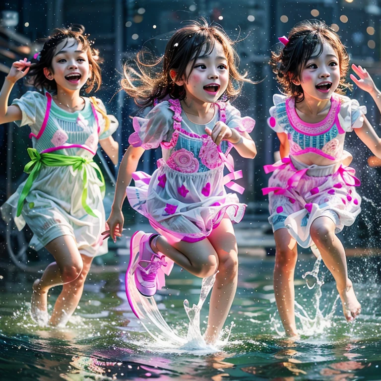 (8K TopQuality masterpiece: 1.2)(Realistic ProfessionalPhoto:1.37), VolumetricLighting. Tiny Girls, girl jumping into the water、Falling、splash water、shout、Luminous water surface、White and Bright colors, back lighting, Radiant PearlSkin, sparkling highlights, Detailed KAWAII face with cute lips, long eyelashes, Delicate clothes, Detailed open crotch