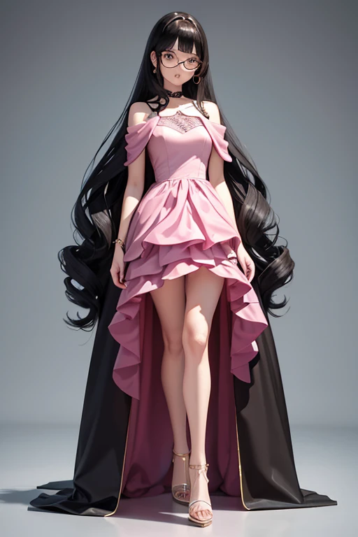 A short woman with small transparent oval glasses, makeup, beautiful shoulder-length wavy black hair with brown eyes, wearing a beautiful long pink silk dress with high-heeled sandals and a man with black hair, black eyes, a white suit, black shoes with a 3D heart