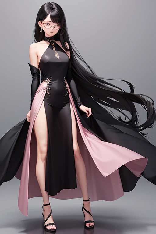 A short woman with small transparent oval glasses, makeup, beautiful shoulder-length wavy black hair with brown eyes, wearing a beautiful long pink silk dress with high-heeled sandals and a man with black hair, black eyes, a white suit, black shoes with a 3D heart
