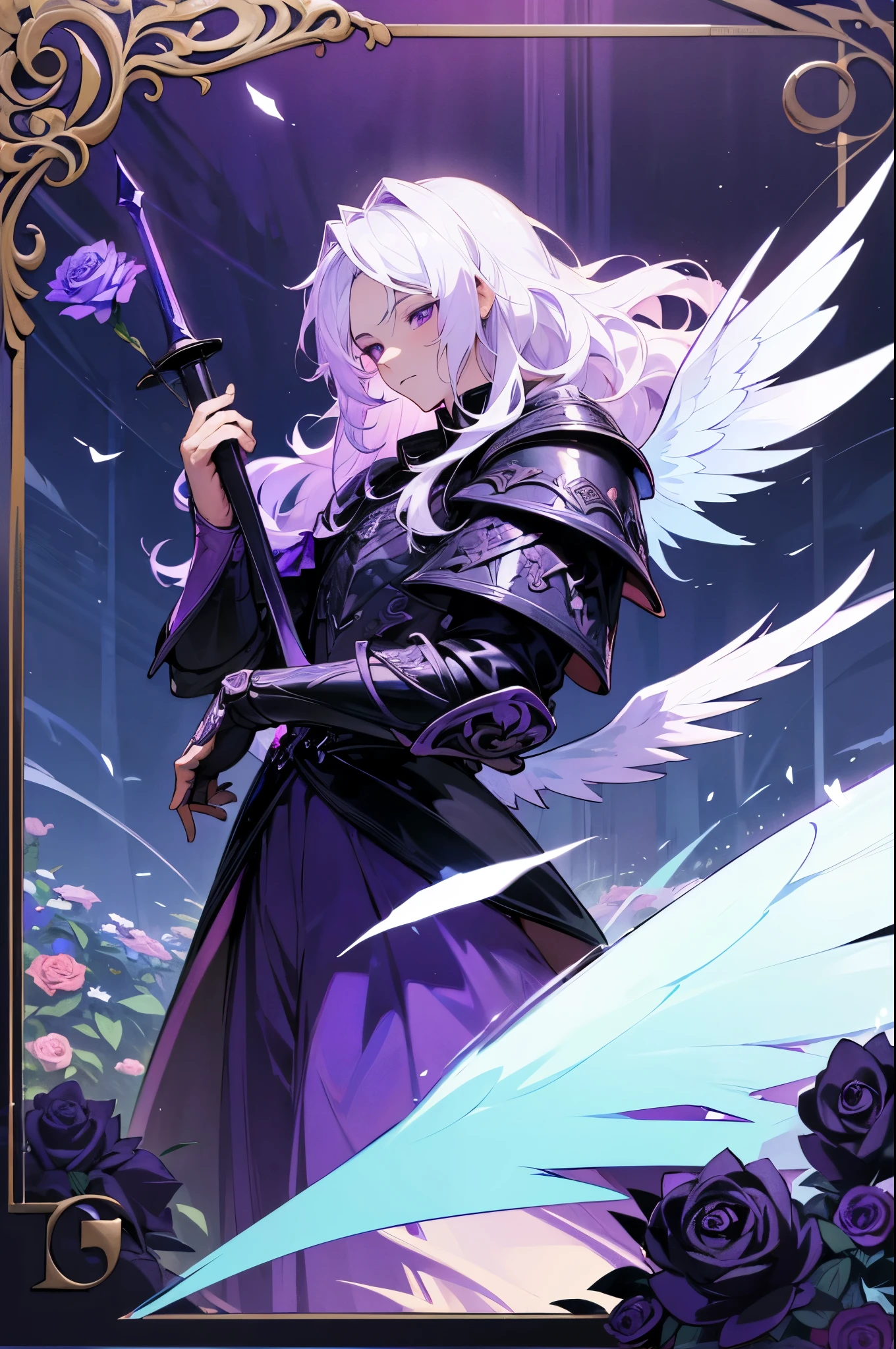(high quality, highres:1.2) detailed, 1 boy, long white hair, wavy hair, purple eyes, holding a sword, black armor, garden, purple roses, wings, angel